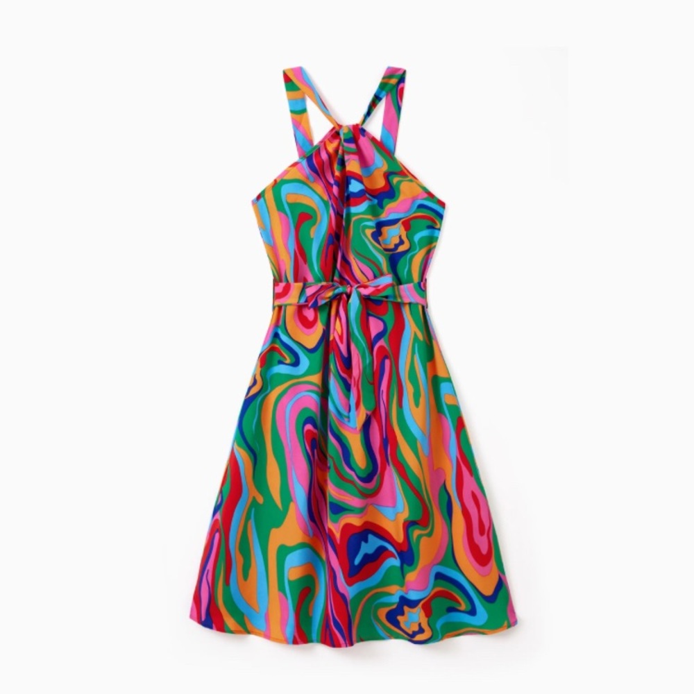 Women Vibrant Multicolor Pattern Tie-Dye Print A-Line Belted Halter Sundress